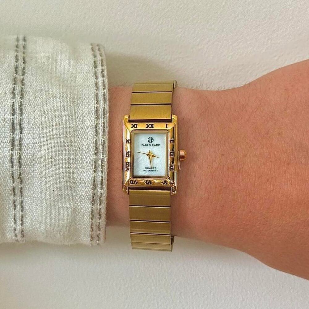 Y2K Gold Rectangle Quartz Watch with Roman Dial Unisex 8.5" New